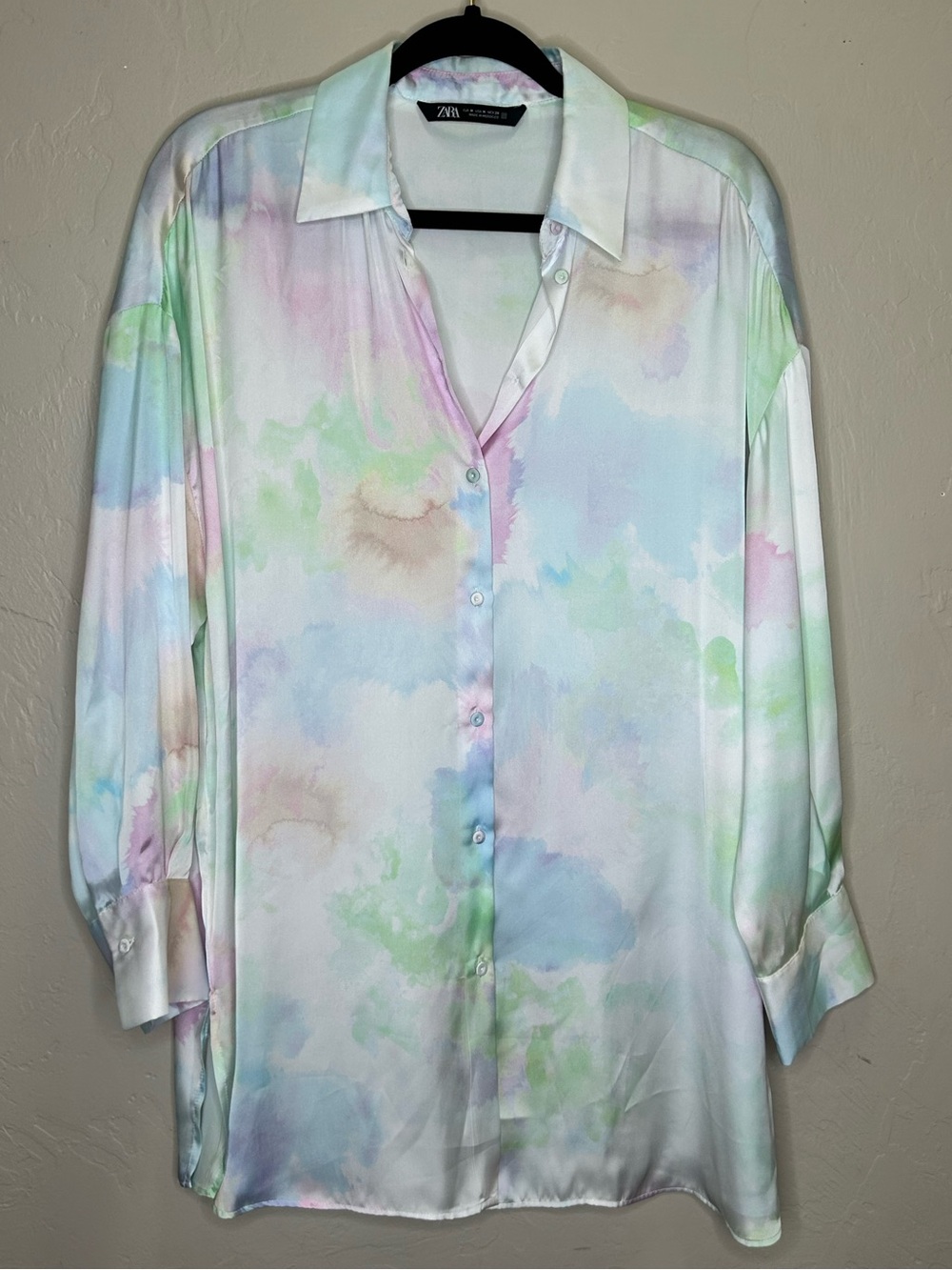 ZARA Oversized Satin Effect Watercolor Tie Dye Button Down Shirt Size Medium